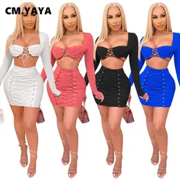 Arbeitskleider CM. Zweiteiliges Set zum Schnüren für Frauen, sexy Club-Nacht-Party-Outfits, bauchfreie Tops, Mini-Midi-Rock