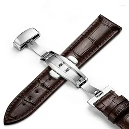 Relógio Bandas Genuíno Couro Watchband Moda Preto Mecânico Masculino com Borboleta Snap 20mm 21mm 22mm Strap