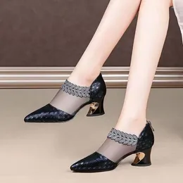 Dress Shoes FHANCHU 2023 Hollow Out Women Mesh Sexy Summer Mid Heels Sandals Rhinestone Pointed Toe Back Zip Black Blue Dropship