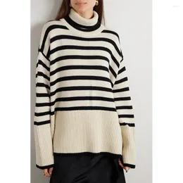 Kadınların Sweaters Tot E Klasik Çizgili Geniş Kollu Blown Belktleneck Jumper Gevşek Günlük Tembel Mizaç Kısa Örme Kış Kış