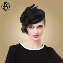 Geniş Memlu Şapkalar Kova Şapkaları Fs Fascinators Kadınlar için Zarif Çiçek Siyah Hap Kutusu Şapkası Yün Şapkalar Vintage Gelinlik Fedoras Kilise Bayanlar Resmi Kapaklar 231130