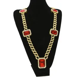 Exaggerated Heavy Extra-coarse MIAMI CUBAN LINK Red Gemstone Pendant Long Chains Necklace Men Trendy Hip Hop Diamante Joyas 76cm G256I