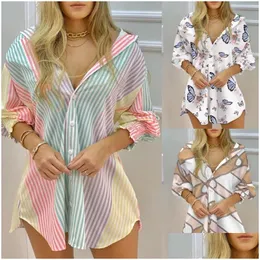 Abiti casual di base Abito camicia da donna Moda Stampa a righe Camicetta a maniche lunghe da donna Colletto rovesciato Bottoni arricciati Top sul davanti Drop De Dhuqt