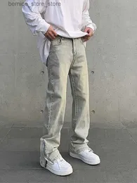 Herrbyxor mager jeans män y2k höst mode casual vintage passar oroliga enkla fasta färgbyxor zip svaga gula smala denim byxor q231201