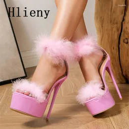 Sandals Hlieny Size 35-42 Pink Faux Fur Women Thin High Heels 2024 Fashion Open Toe Platform Wedding Party Stripper Shoes