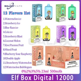 Original ELF Box Digital 12000 Puff Vape desechable 12 sabores 500mAh Batería recargable 23ml Pod Mesh Coil Electronic Ciagrette Puffs 12k