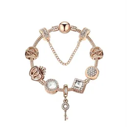 Original Pandoras 925 Silver Rose Gold Crystal Lock Pendant Bracelet DIY Beads Charm Safety Chain Bracelets Jewelry Holiday Gift280H