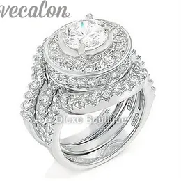 Vecalon Fashion RingシミュレーションダイヤモンドCZ 3-in-1エンゲージメントバンド女性のためのウェディングリング