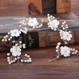 Hair Clips Handmade White Lace Flower Headbands Women Tiaras Crystal Pearl Hairband Headpiece Wedding Bridal Jewelry Accessories SL