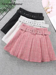 Skirts Spring Autumn Winter Arrivals Pink Tweed Pleated Skirt High Waist Mini Women Simple Woolen Short With Belt