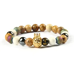 Ny designarmband Hela 10pcslot 8mm Natural Picture Map Stone Beads With Black CZ Crown Lion Head Energy Armband7220295