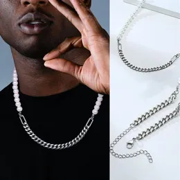 Hiphop Połowa 7 mm Miami Cuban Link łańcuch i połowa 8 mm pereł naszyjnik dla mężczyzn i kobiet w biżuterii ze stali nierdzewnej 0115310i
