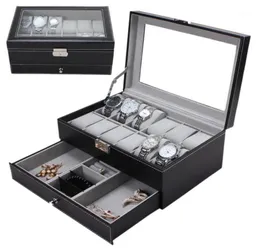 Watch Boxes Cases Professional 12 Grids Slots Watches Storage Box PU Leather Double Layers Jewelry Case Holder Black Brown Caske1622913