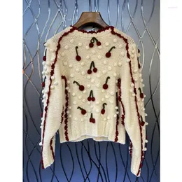 Kvinnors tröjor Wool Sticked Pom Cherry Long Sleeve Kort tröja Crop Top