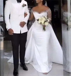 2024 Hot Sale African Wedding Dress Train Train Arecer Neck Long Sleeves Heavy Handwork Handshes Datin Bride Dons Vestidos de Novia