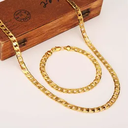 Kvinnors herrkedja 18 K Golden Curb Link Gul Solid G F Gold Necklace Armband 7mm smyckesuppsättningar289j