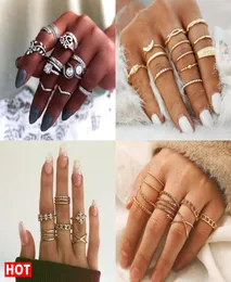 17KM Bohemian Gold Vintage Rings Star Moon Beads Crystal Ring Set Women Charm Joint Ring Party Wedding Fashion Jewelry Gifts6054903