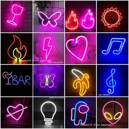 LED NEON Sign 40 Style LED NEON LIGHT SIGN LAMP DRINAMENTS LOVE HEART FIRE FIRE BANANA Lightning Wine Glass Room Party Gift YQ231201