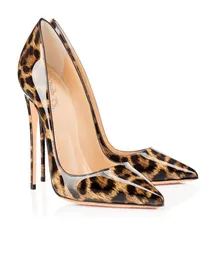 Frau Modedesignerin Leopard spitzte Zehenschuhe Marke Red Bottoms Pumps Frauen dünne High Heels Sexy Slip auf weibliche Party D4746963 gedruckt