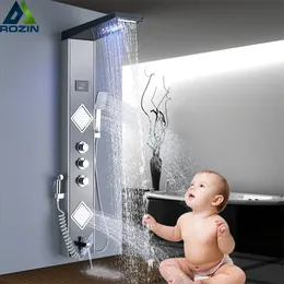 Bathroom Shower Heads LED Light Waterfall Rain Panel Bath Faucet Column System 3 Handles 6 function Mixers with Bidet Sprayer 231130