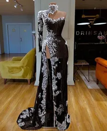 Prom Dresses Black Evening Gown Party Formal Zipper Lace Up New Custom Plus Size Long Sleeve Mermaid Tulle One-Shoulder White Applique Beaded Thigh-High Slits