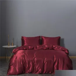 Bedding Sets Satin Silk Three-Piece King Queen Size Luxury Quilt Er Pillow Case Duvet Brand Bed Comforters Drop Delivery Home Garden Dhdso