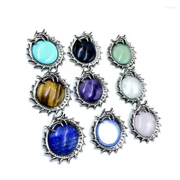 Pendant Necklaces Wholesale 44MM Round Dragon Plate Stone Necklace Jewelry Natural Amethyst Sapphire Opal Crystal Charm