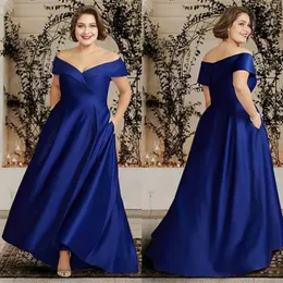 2024 Elegant Royal Blue Mother of the Bride Dress V-Neck Off the Shoulder Satin Ankle-Length Wedding Guest Party Gowns for Women Plus Size