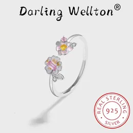 Eheringe Zarte Emaille Doppelblume Baguette Rosa Topas Voller Diamant Paar Ring Für Frauen Original S925 Sterling Silber Geschenk Schmuck 231201