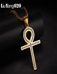 Collana Ankh con zirconi ghiacciati Ciondolo La chiave del Nilo Catena in acciaio inossidabile color oro per gioielli da uomo Croce egiziana Hip Ho4556102