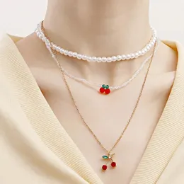 Chains Fashion Cherry Pearl Choker Necklace Cute Metal Multi-layer Sweater Chain Pendant Sweet Crystal For Women Jewelry Girl Gift