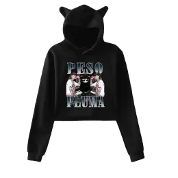 Peso Pluma Merch Crop Top Hoodie för Teen Girls Streetwear Hip Hop Kawaii Cat Ear Harajuku Croped Sweatshirt Pullover Tops