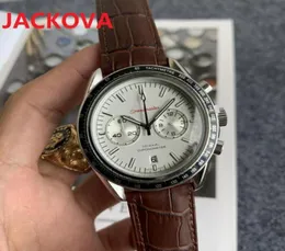 Top quality Men Genuine Leather Watch 44mm Full Function Stopwatch Fashion Casual clock Big Man Wristwatches Luxury Quartz Movemen4441158