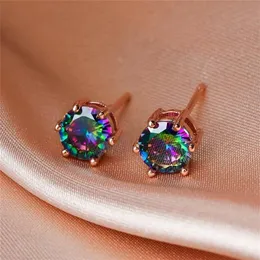 6MM Round Small Stone Rainbow Zircon Stud Earrings For Women Vintage Fashion Crystal Rose Gold Black Gold Silver Color Earrings287c