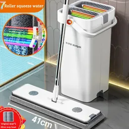 Mops Flat Floor Big Mop 40cm Wet and dry Cleaner With Bucket Hand Free Washing For Home Squeeze Household Cleaning Tools 231130