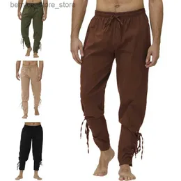 Calças masculinas primavera verão casual cor sólida harlan calças masculinas calças medievais viking vem pirata calças rendas até calças q231201