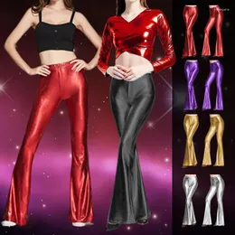 Spodnie damskie złote kobiety błyszczące płomienie spodnie laserowe seksowne mokre bóle dzwonu retro 70s 80s disco hip-hop taniec chudy