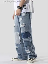 Мужские брюки Four Seasons Мужские джинсы Уличная одежда Лоскутная вышивка с бахромой Хип-хоп Свободные джинсовые брюки Крупногабаритные пэчворк с цветными блоками Q231201