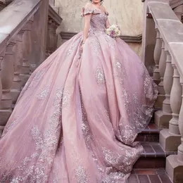 Rosa glänzende Korsett Quinceanera Ball Spitze applizierte lange Prinzessin von der Schulter süße 16 Kleider Kleid Vestidos de 15 0417