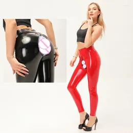 Women's Leggings Invisible Zipper Outdoor Sex Open Crotch Pants Bright Faux Leather Women Sexy Nightclub Booty Lifting PU Trousers