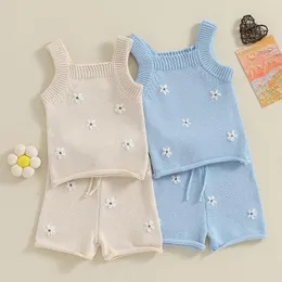 Giyim Setleri Adroable Girls Çiçek Çiçek İşlemeli Yaz Kıyısı Sıradan Sevimli Örgü 2pcs Tank Tops Drawstring elastik bel şortlu giysiler