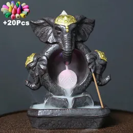 Decorative Objects Figurines Lucky Feng Shui Elephant God Statue Home Decoration Handicraft Ceramic Waterfall Incense Burner With Led Color Changing Ball 231130