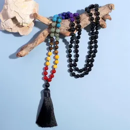 Pendant Necklaces Showboho 108 Mala Beads 7 Chakra Necklace 8mm Black Onyx Knotted Meditation Yoga Prayer Rosary For Men And Women277B