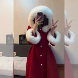Женское сочетание осени и зимы 2023, Рождественский красный военный халат с капюшоном, свободное удобное маленькое ароматное ветровое шерстяное пальто 231130
