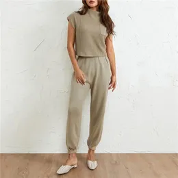 Calças de duas peças femininas 5 cores roupas suéter conjuntos de malha tops altos cintura com bolsos tracksuit lounge