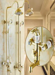 Solid Brass Body Ceramic And Crystal Gold Shower Set European Faucet 8 Inch Head Polished Adjust Lifting Arm Bathroom Sets5409993