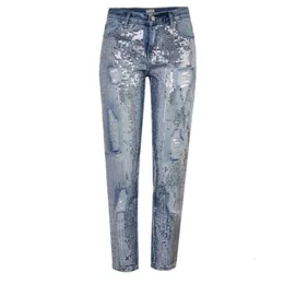 Jeans da donna a vita media Pantaloni larghi a nove quarti Perline ricamate metalliche Lavate e usurate dritte 231201