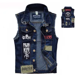 Herrvästar klassiska vintage jeans väst ärmlösa jackor Fashion Patch Designs Punk Rock Style Ripped Cowboy Frayed Denim Tanks 231130