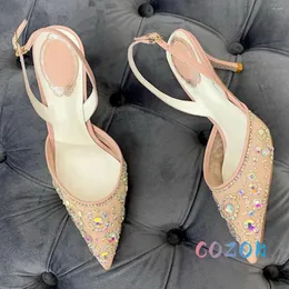 Dress Shoes Summer Sexy Pink Crystal Flower Beaded Lace Mesh High Heel Sandals Women's Wedding Leather Pointed Toe
