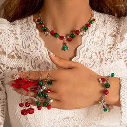 Pingente colares na moda vermelho e verde sinos colar de natal para mulheres bonito neve árvore liga metal ajustável jóias colar